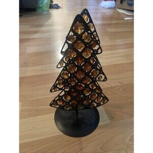 Christmas Metal Candle Holder Dual Trees w/ Amber Beads Holiday Votive Decor
